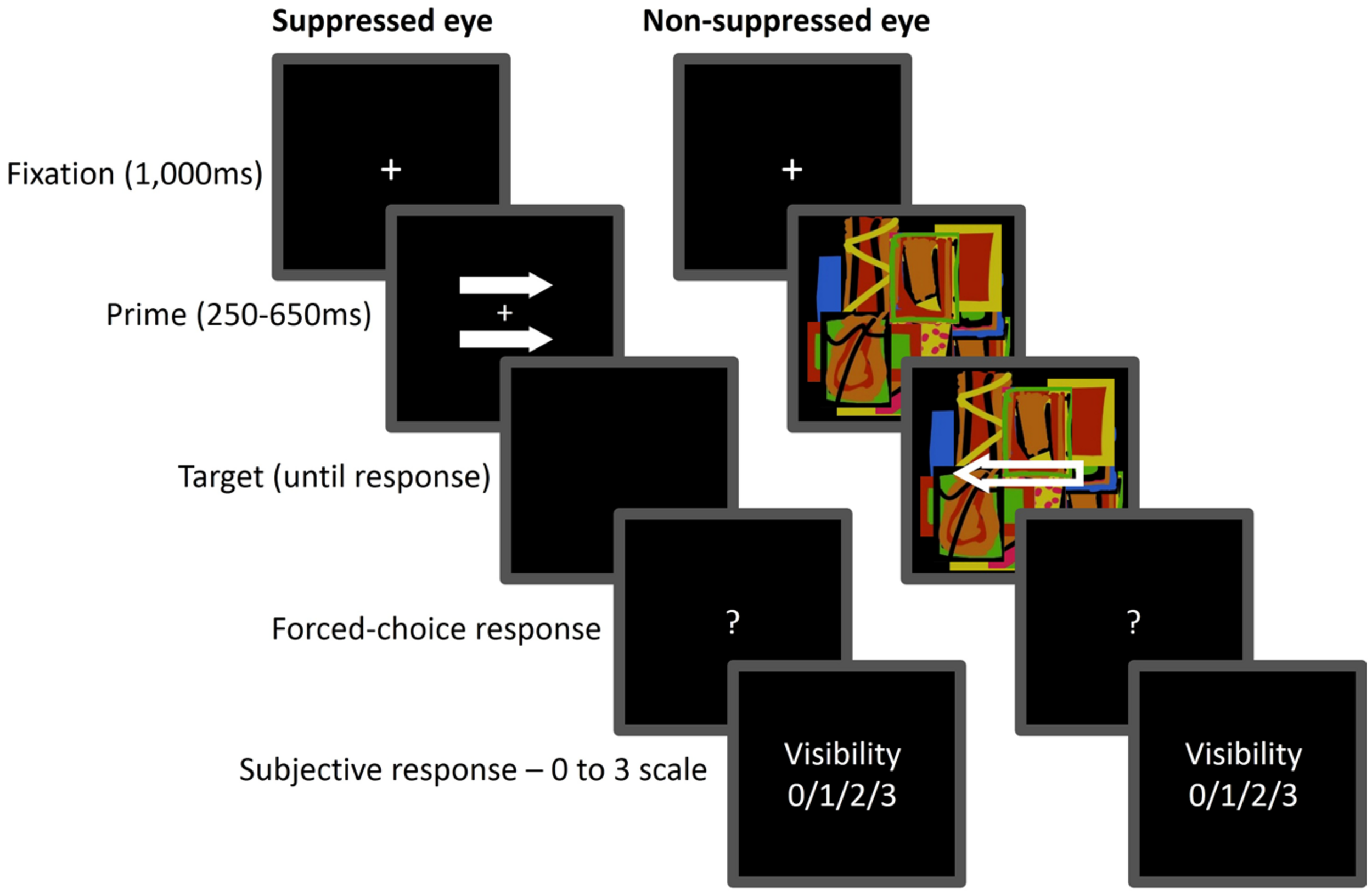 Experimental diagram showing an arrow stimulus suppressed by dynamic Mondrian masks in a Continuous Flash Suppression task.